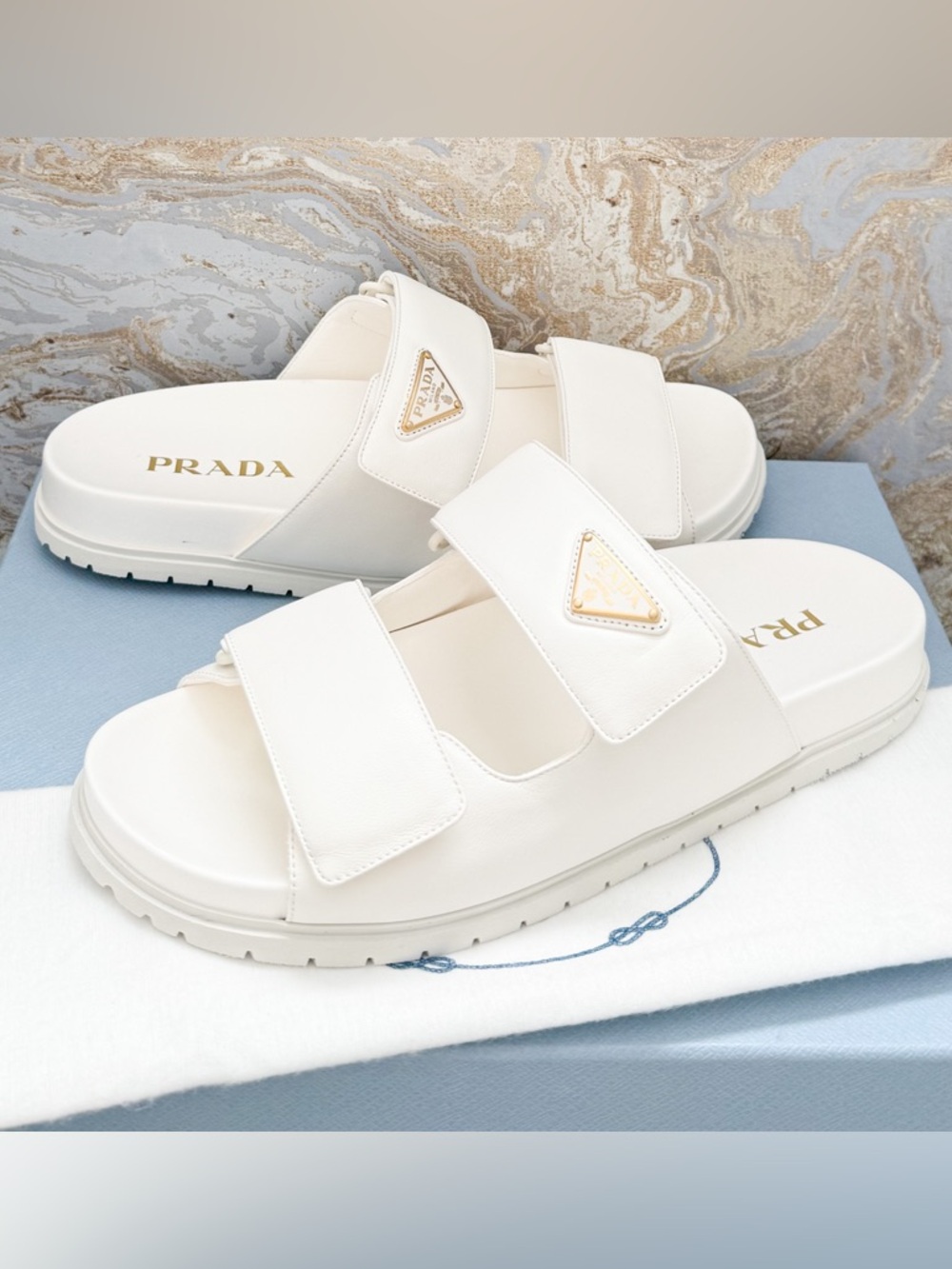 New! Prada White Napa Leather Double Strap Slide Sandals